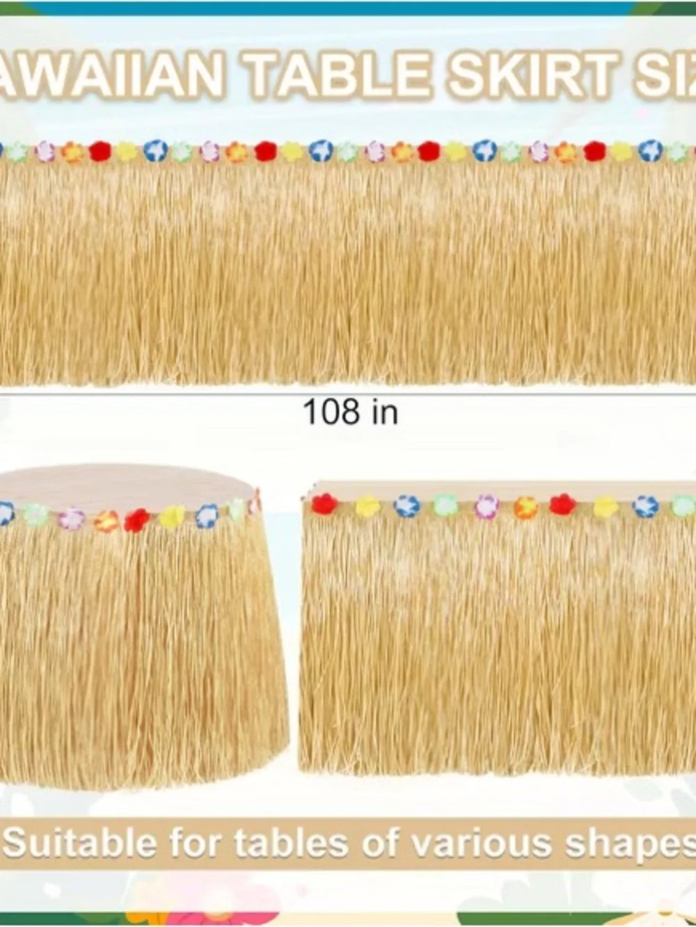 New Tiki Grass Table Skirt with Multicolor Flower Trim - Natural 108”